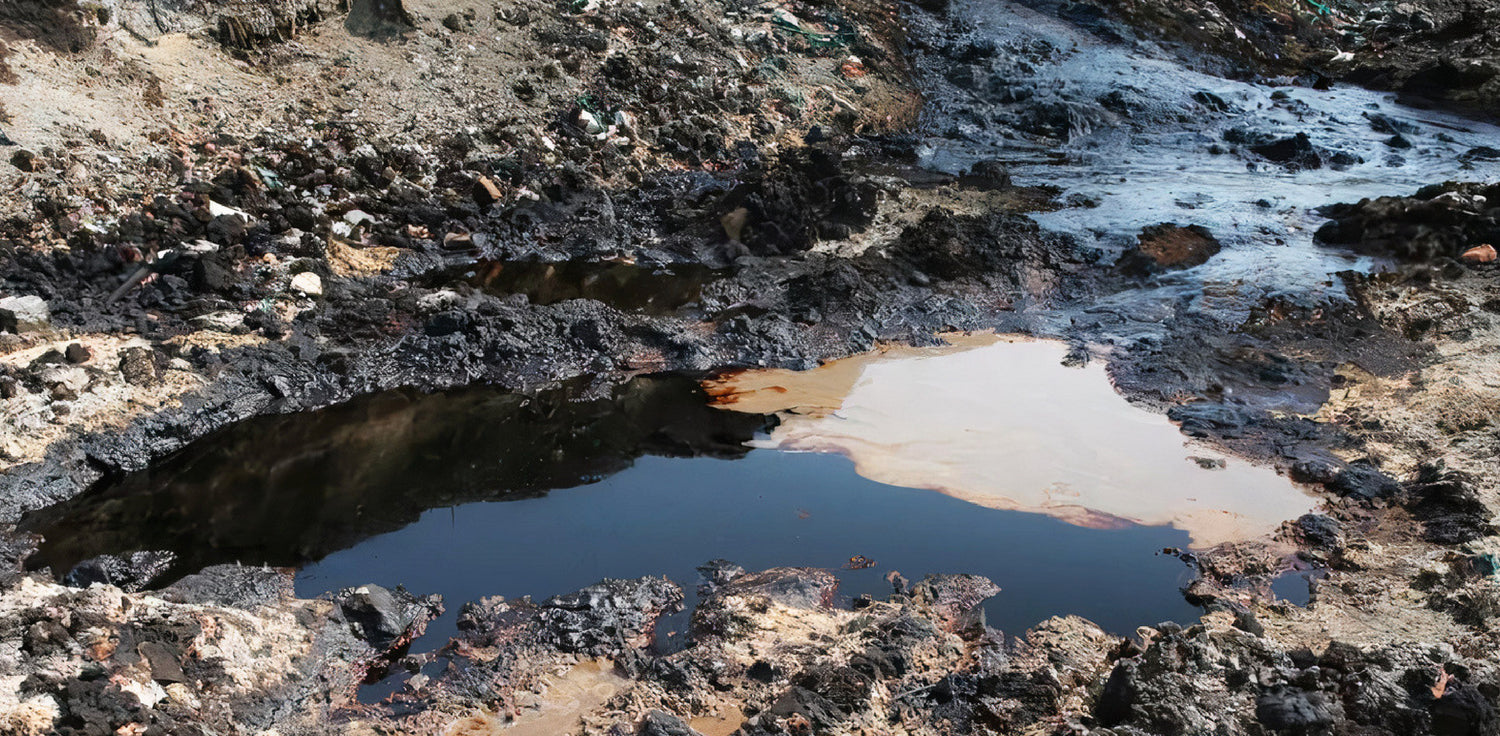 Oil seep - A photo of an oil seep, a natural occurrence where crude oil or petroleum seeps up from underground deposits to the surface. The image shows oil droplets floating on the surface of water, forming a thin layer with a rainbow-like sheen. Oil seeps can be found in various environments, such as oceans, lakes, and land, and they can have environmental and ecological impacts.